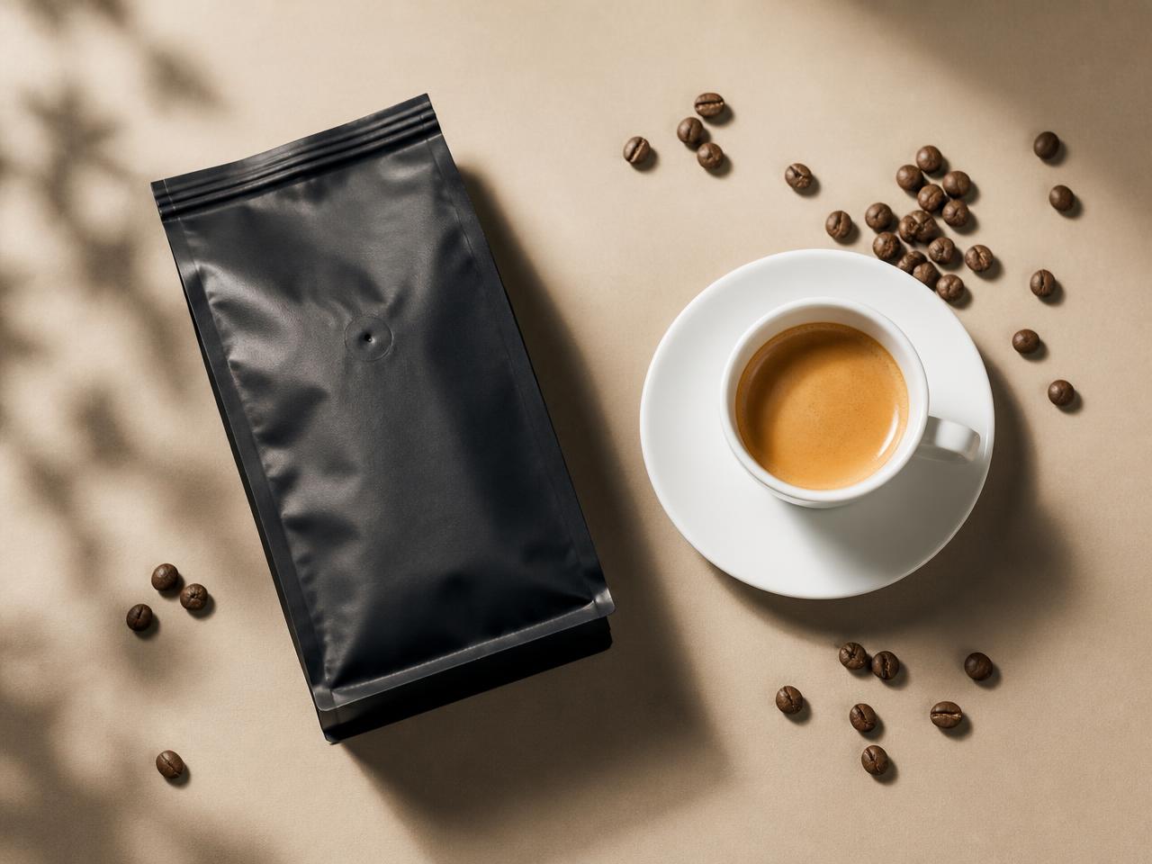 Grãos de café premium ao lado de uma xícara de espresso