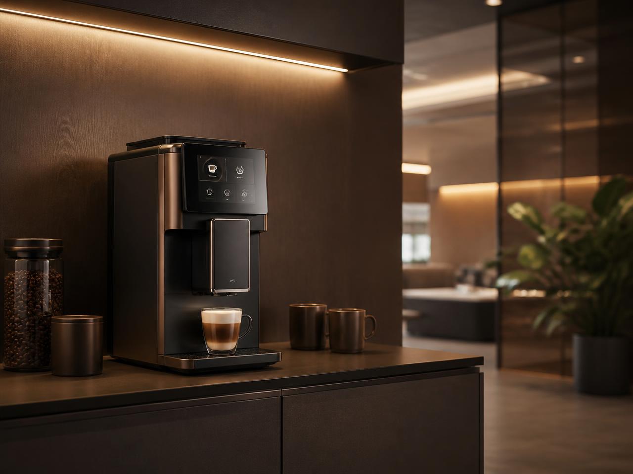 Máquina de café profissional automática em ambiente corporativo