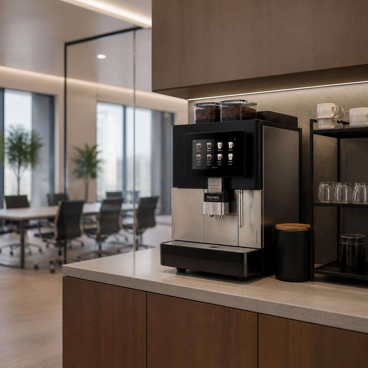 Máquina profissional de café instalada em escritório corporativo