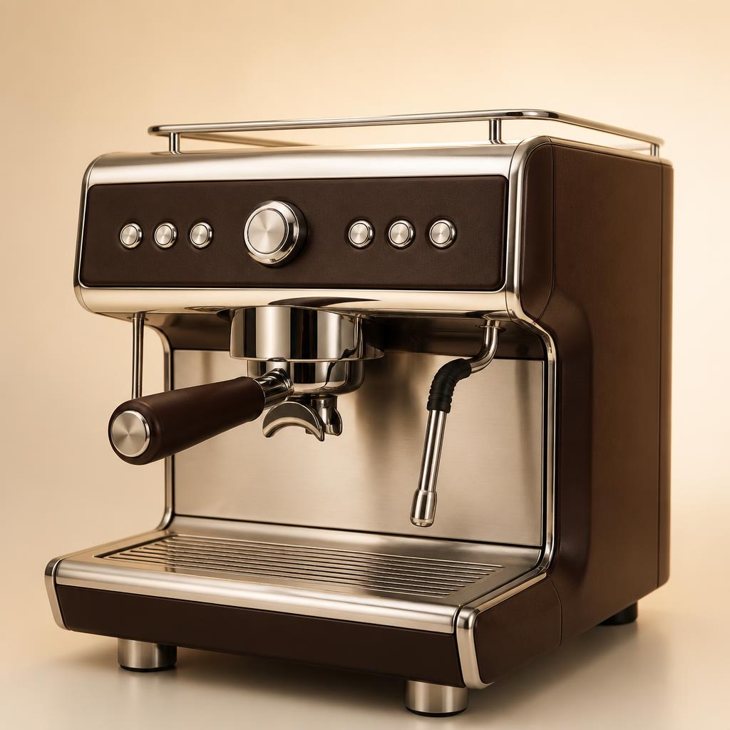 Máquina de espresso premium em aço inox e marrom para ambiente corporativo