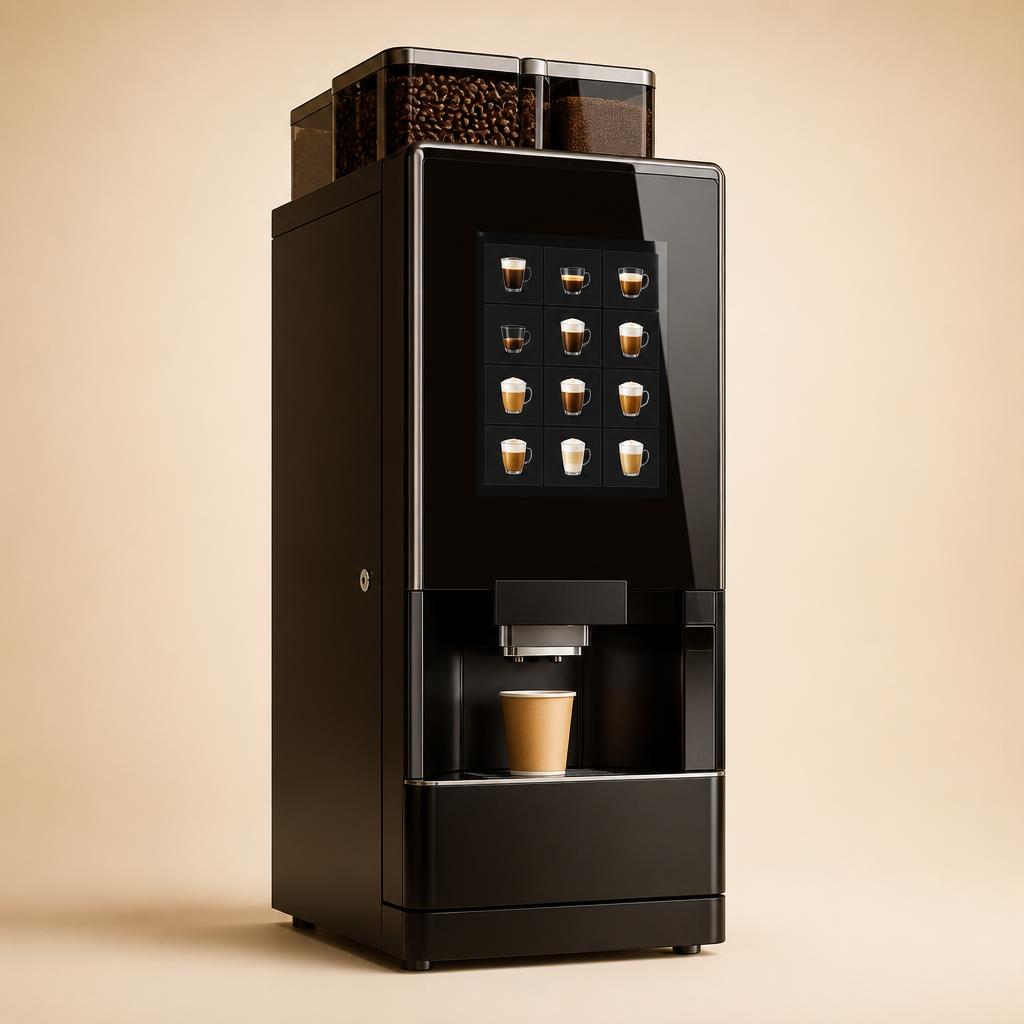 Máquina de café multibebidas corporativa com painel de seleção de bebidas