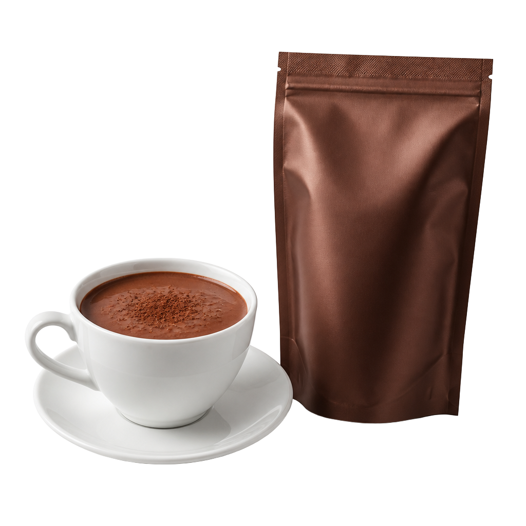 Xícara de chocolate quente cremoso ao lado da embalagem do insumo
