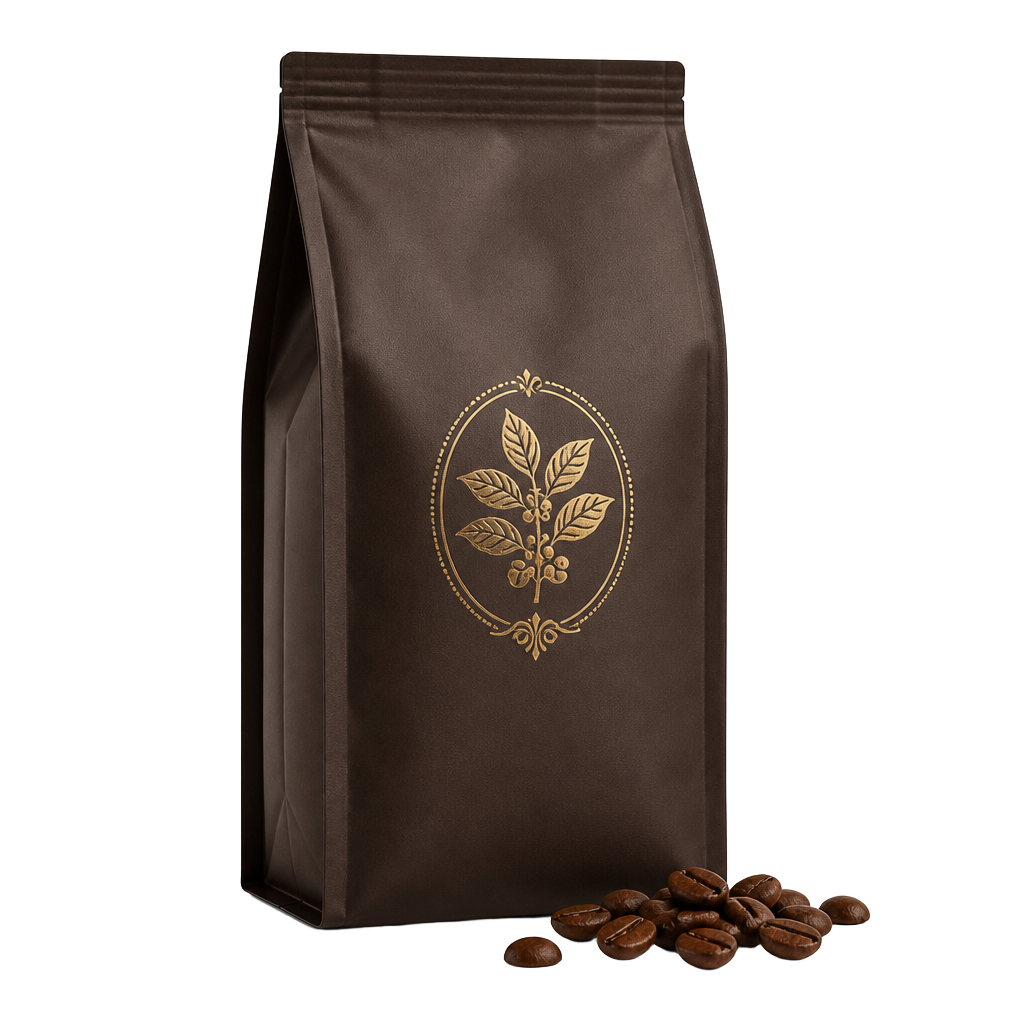 Embalagem premium do café em grãos Espresso Royal com grãos torrados ao lado